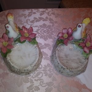 Vintage Pair of Capodimonte Oval Candy Trinket Dish Basket Roses Doves Birds